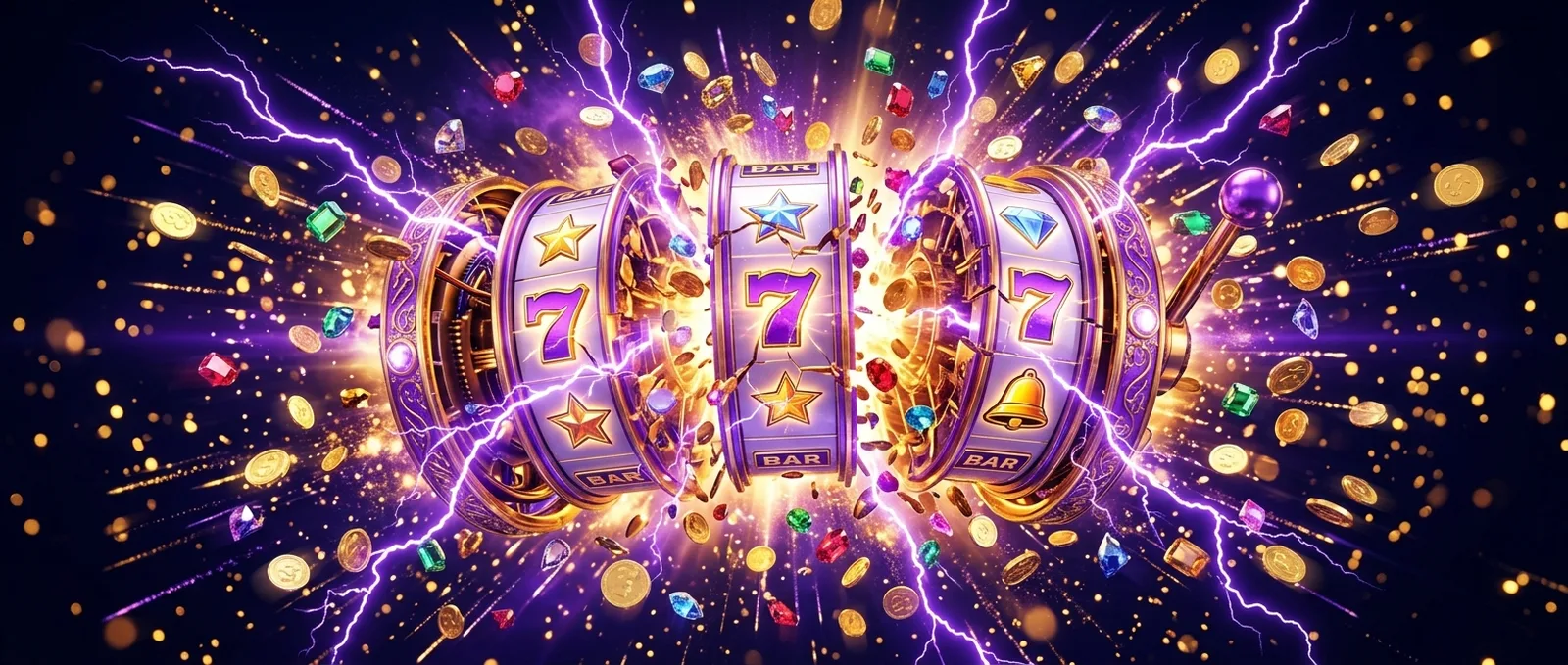 Ozwin casino slot reels exploding with gold coins, gems and violet lightning